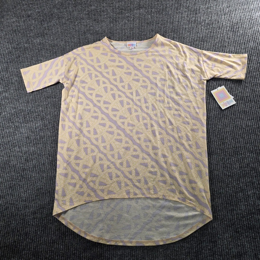 LuLaRoe Irma Tunic Top Womens XS Yellow Lavender Rope Pattern High Low Hem NWT